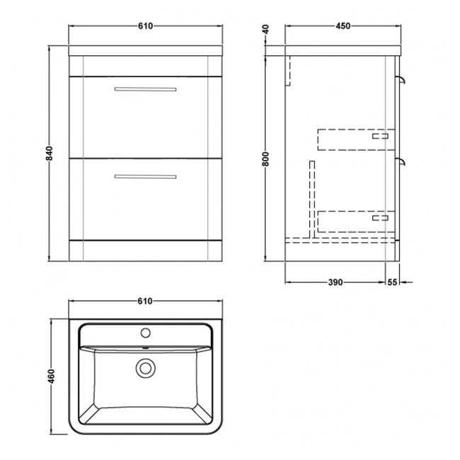Delphi Envoy Soft Black 600mm 2-Drawer Floor Standing Vanity Unit (inc Basin)  | Dimension Image