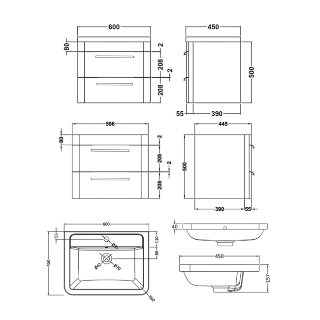 Delphi Envoy Soft Black 600mm 2-Drawer Wall Hung Vanity Unit (inc Basin)  | Dimension Image