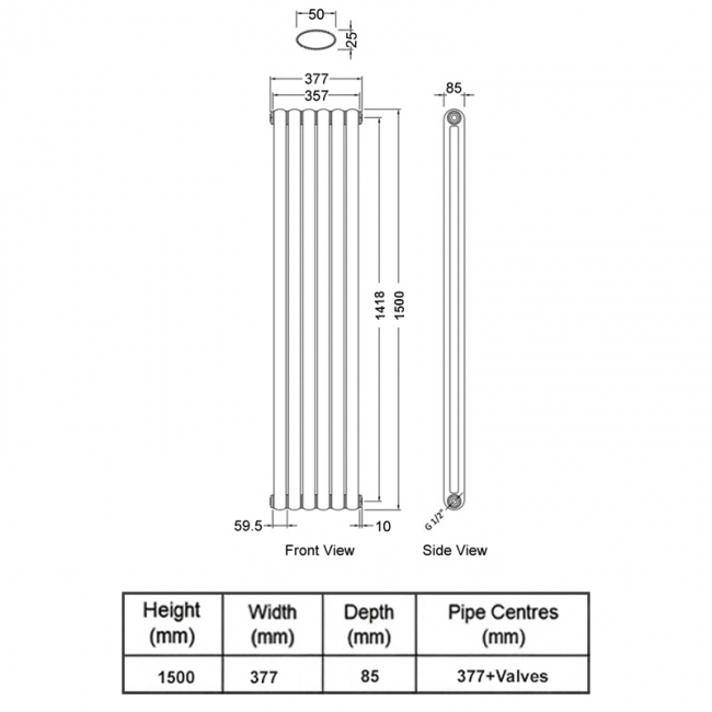 Delphi Event Vertical 2-Column Designer Radiator 1500mm H x 377mm W - Gloss White  | Dimension Image