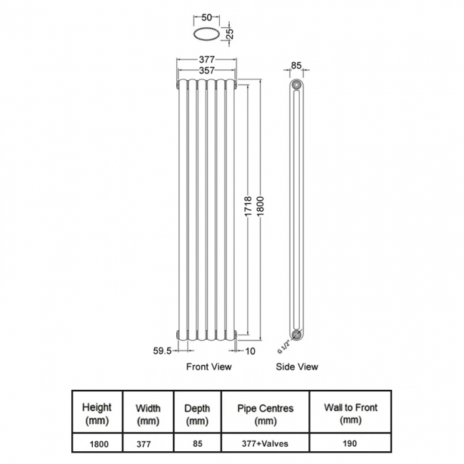Delphi Event Vertical 2-Column Designer Radiator 1800mm H x 377mm W - Anthracite  | Dimension Image