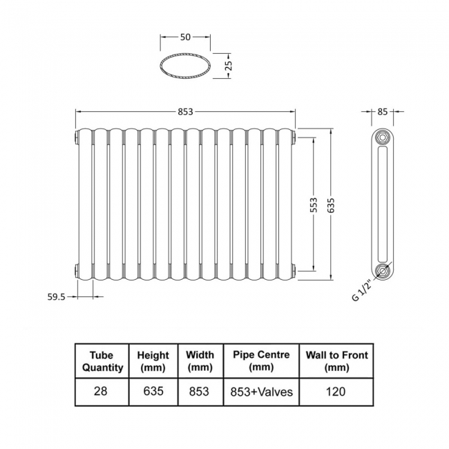 Delphi Event Horizontal 2-Column Designer Radiator 635mm H x 853mm W - Anthracite  | Dimension Image