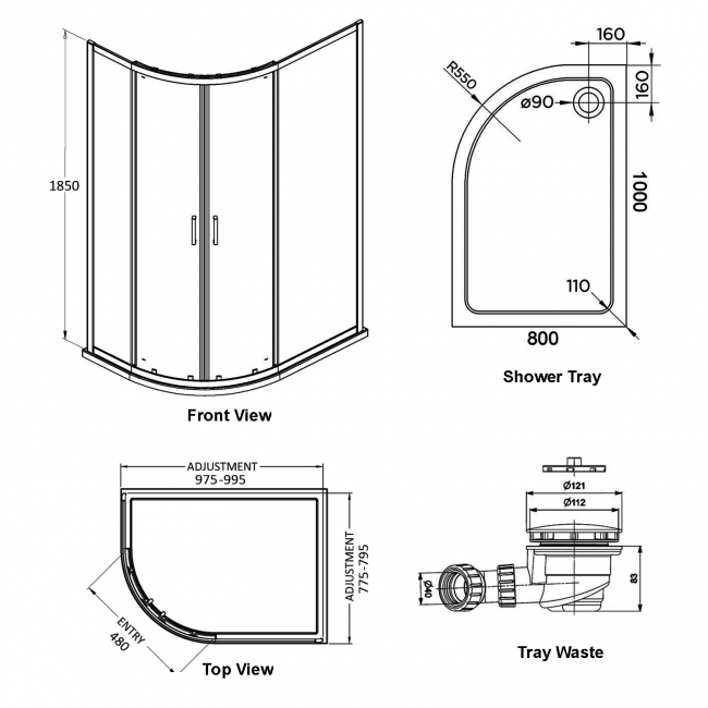 Delphi Expressions Brushed Brass Offset Quadrant Shower Enclosure 1000mm x 800mm LH (inc Tray)  | Dimension Image