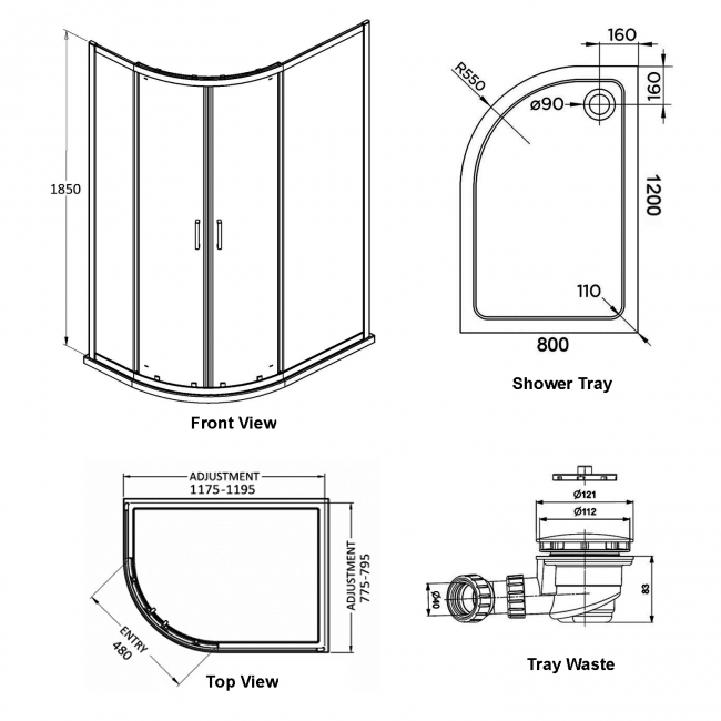 Delphi Expressions Black Offset Quadrant Shower Enclosure 1200mm x 800mm LH (inc Tray)  | Dimension Image