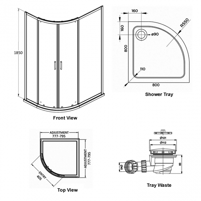 Delphi Expressions Brushed Brass Quadrant Shower Enclosure 800mm x 800mm (inc Tray)  | Dimension Image