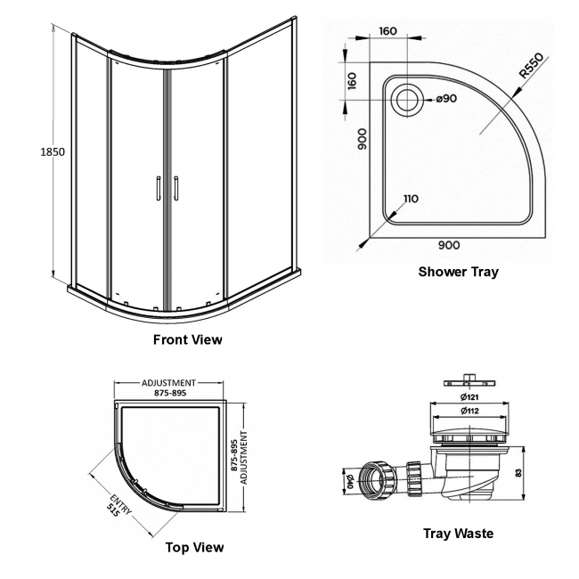 Delphi Expressions Brushed Brass Quadrant Shower Enclosure 900mm x 900mm (inc Tray)  | Dimension Image
