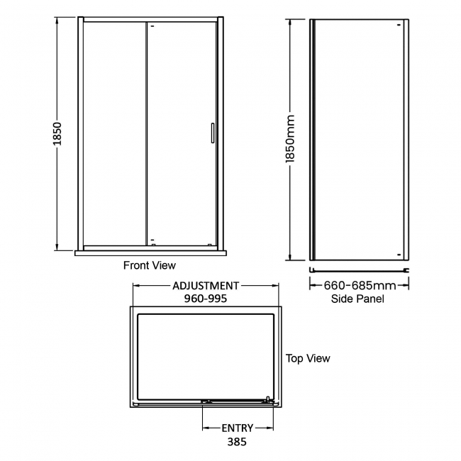 Delphi Expressions Black Sliding Door Shower Enclosure 1000mm x 700mm  | Dimension Image