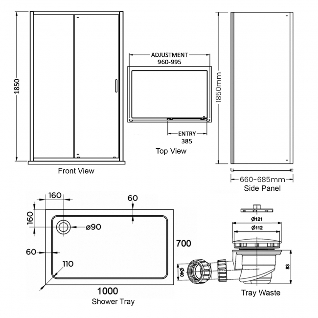 Delphi Expressions Chrome Sliding Door Shower Enclosure 1000mm x 700mm (inc Tray)  | Dimension Image