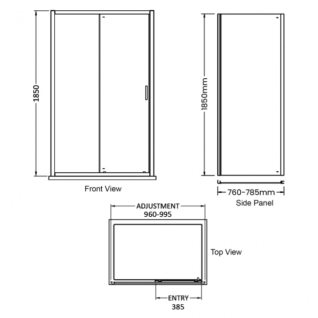 Delphi Expressions Black Sliding Door Shower Enclosure 1000mm x 800mm  | Dimension Image