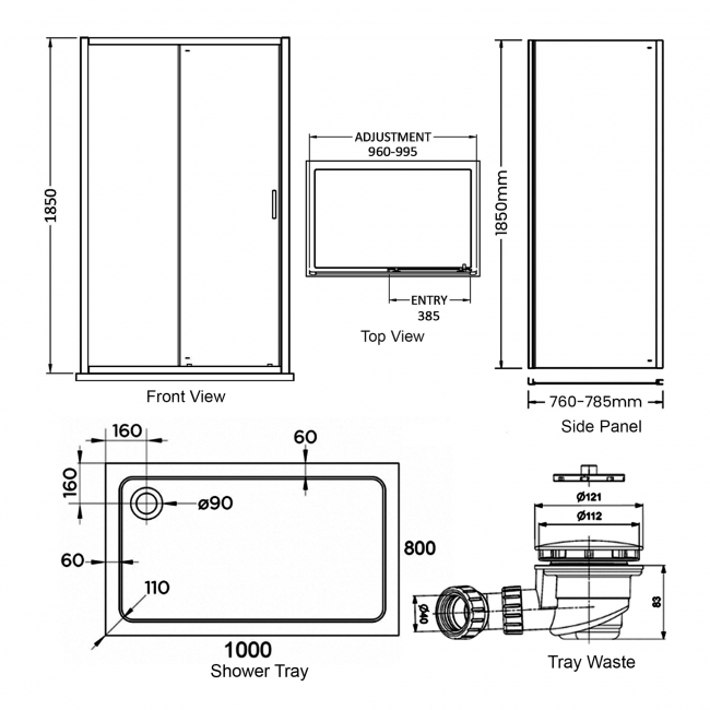 Delphi Expressions Chrome Sliding Door Shower Enclosure 1000mm x 800mm (inc Tray)  | Dimension Image