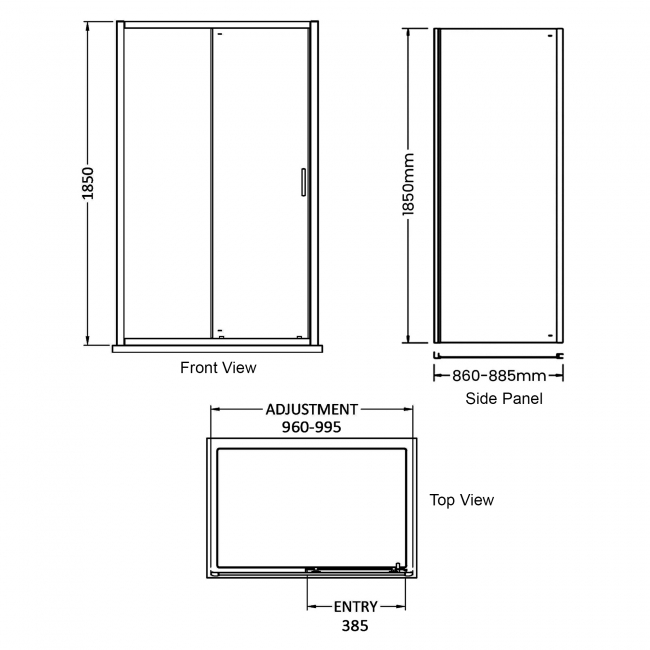 Delphi Expressions Black Sliding Door Shower Enclosure 1000mm x 900mm  | Dimension Image