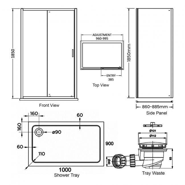 Delphi Expressions Chrome Sliding Door Shower Enclosure 1000mm x 900mm (inc Tray)  | Dimension Image