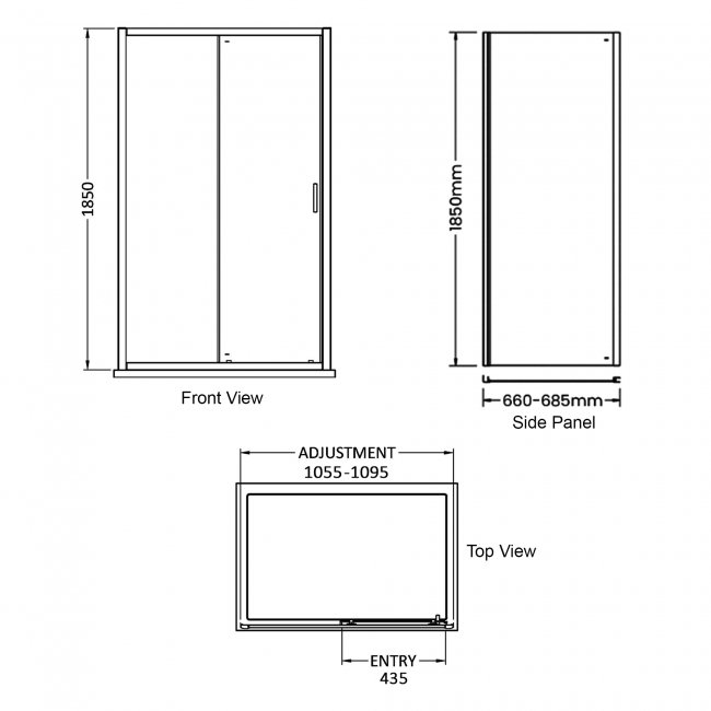 Delphi Expressions Black Sliding Door Shower Enclosure 1100mm x 700mm  | Dimension Image