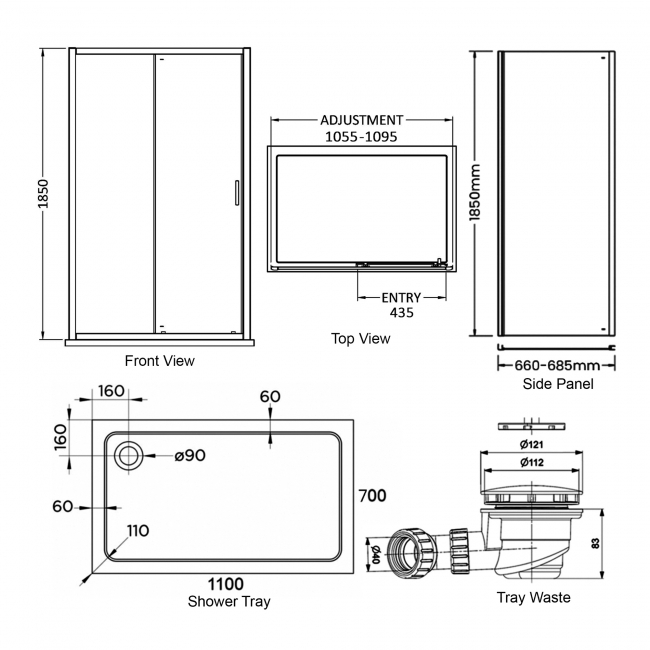 Delphi Expressions Chrome Sliding Door Shower Enclosure 1100mm x 700mm (inc Tray)  | Dimension Image