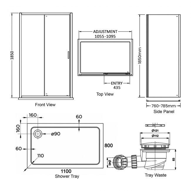 Delphi Expressions Black Sliding Door Shower Enclosure 1100mm x 800mm (inc Tray)  | Dimension Image