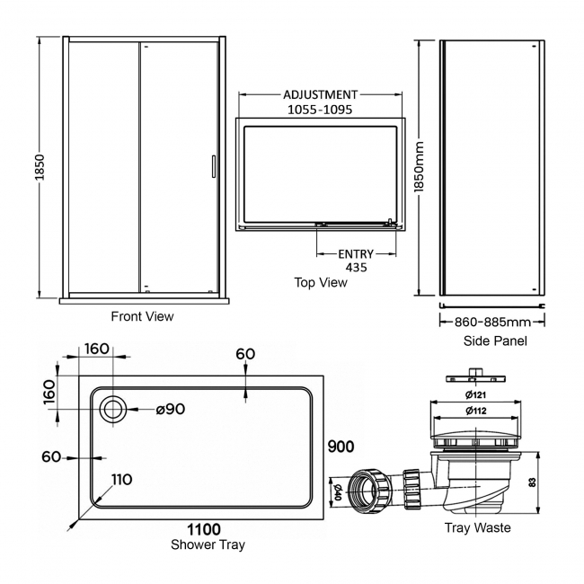 Delphi Expressions Black Sliding Door Shower Enclosure 1100mm x 900mm (inc Tray)  | Dimension Image