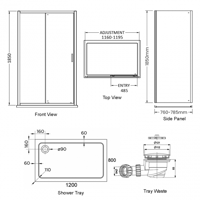 Delphi Expressions Chrome Sliding Door Shower Enclosure 1200mm x 800mm (inc Tray)  | Dimension Image