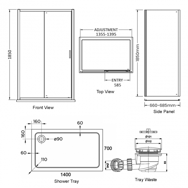 Delphi Expressions Chrome Sliding Door Shower Enclosure 1400mm x 700mm (inc Tray)  | Dimension Image