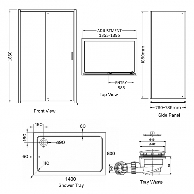 Delphi Expressions Chrome Sliding Door Shower Enclosure 1400mm x 800mm (inc Tray)  | Dimension Image