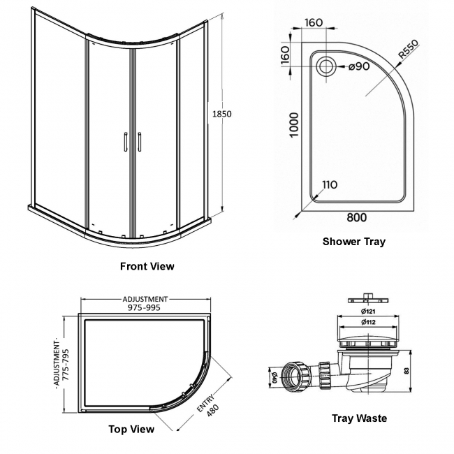 Delphi Expressions Brushed Brass Offset Quadrant Shower Enclosure 1000mm x 800mm RH (inc Tray)  | Dimension Image