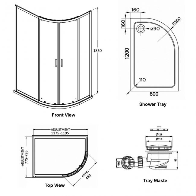Delphi Expressions Chrome Offset Quadrant Shower Enclosure 1200mm x 800mm RH (inc Tray)  | Dimension Image