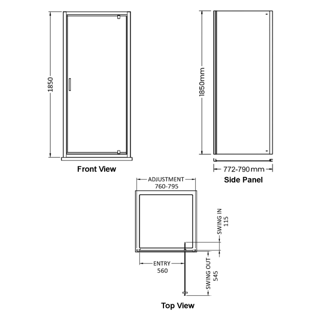 Delphi Expressions Chrome Pivot Door Shower Enclosure 800mm x 800mm  | Dimension Image