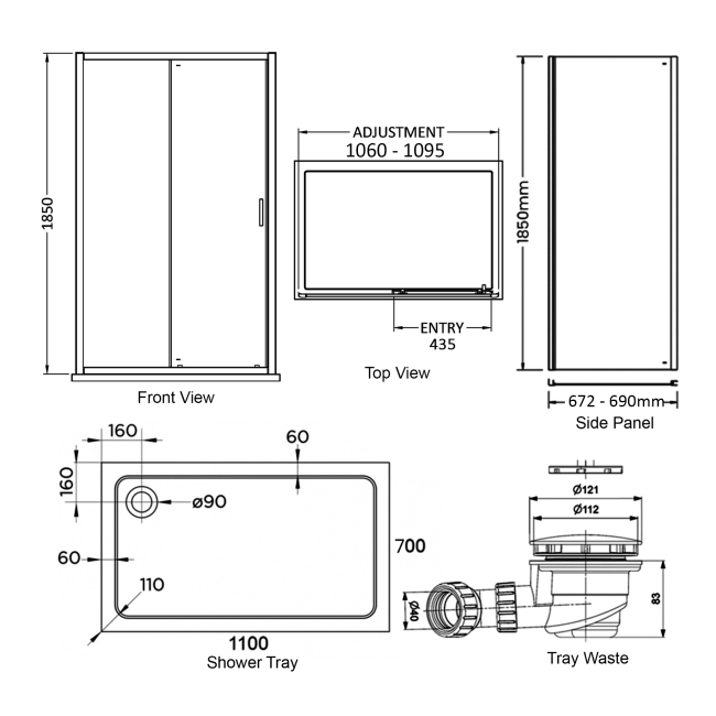 Delphi Expressions Black Sliding Door Shower Enclosure 1100mm x 700mm (inc Tray)  | Dimension Image