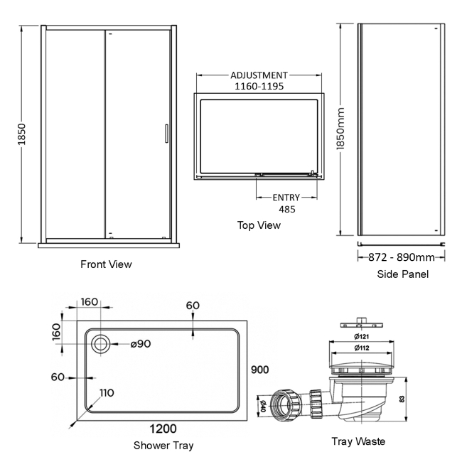 Delphi Expressions Brushed Brass Sliding Door Shower Enclosure 1200mm x 900mm (inc Tray)  | Dimension Image
