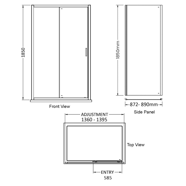 Delphi Expressions Chrome Sliding Door Shower Enclosure 1400mm x 900mm  | Dimension Image