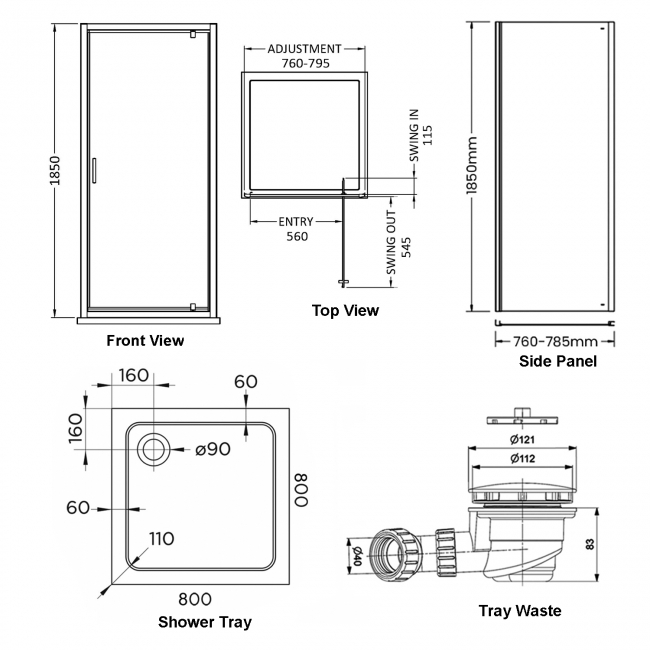 Delphi Expressions Black Pivot Door Shower Enclosure 800mm x 800mm (inc Tray)  | Dimension Image