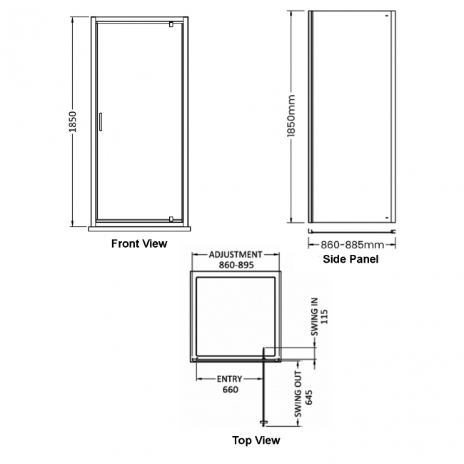 Delphi Expressions Chrome Pivot Door Shower Enclosure 900mm x 900mm  | Dimension Image