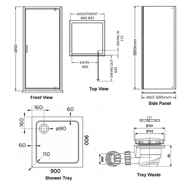 Delphi Expressions Chrome Pivot Door Shower Enclosure 900mm x 900mm (inc Tray)  | Dimension Image