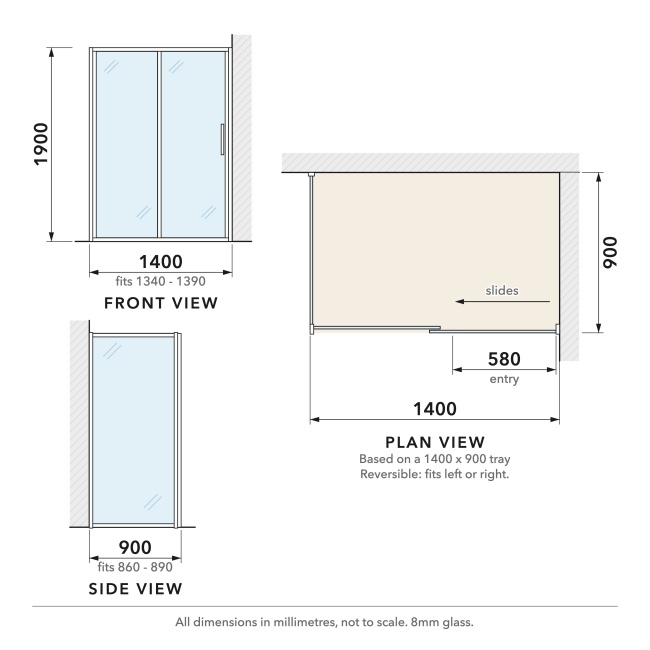 Delphi Factor Matt Black 8mm Sliding Door Shower Enclosure 1400mm x 900mm  | Dimension Image
