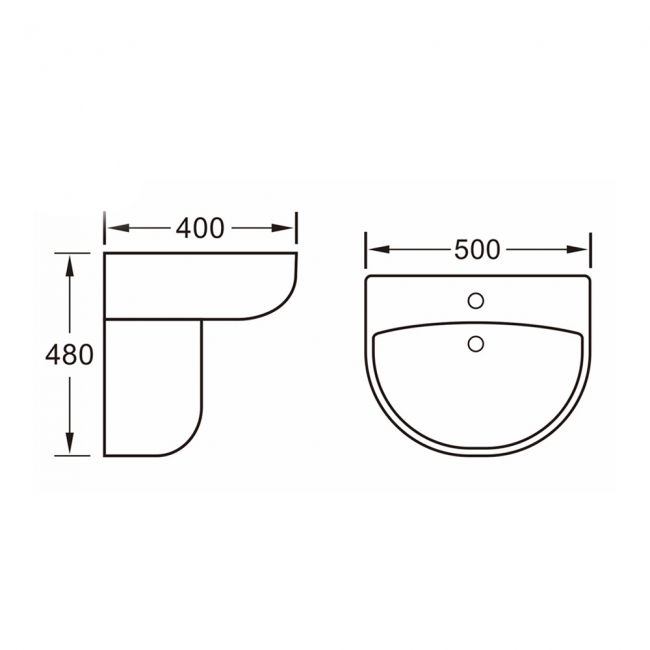 Delphi Fluid Basin and Semi Pedestal 500mm Wide - 1 Tap Hole  | Dimension Image