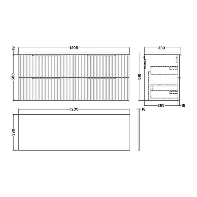 Delphi Focus Satin Blue 1200mm 4-Drawer Wall Hung Fluted Countertop Vanity Unit  | Dimension Image