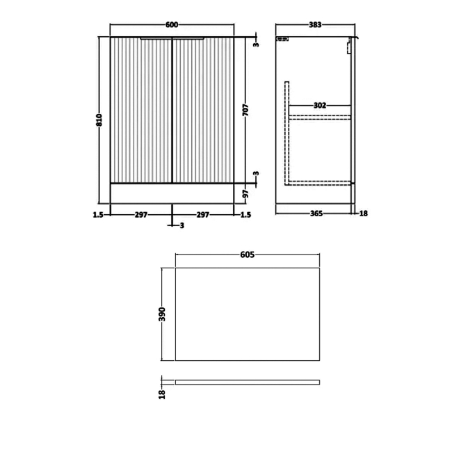 Delphi Focus Satin Blue 600mm 2-Door Floor Standing Fluted Countertop Vanity Unit  | Dimension Image