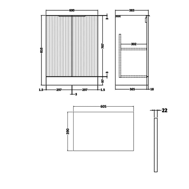 Delphi Focus Satin Blue 600mm 2-Door Floor Standing Premium Fluted Countertop Vanity Unit  | Dimension Image