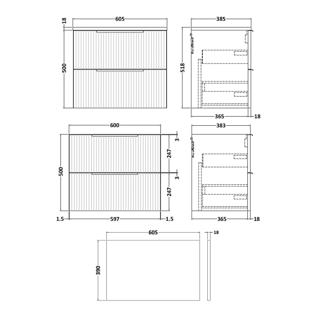 Delphi Focus Satin Blue 600mm 2-Drawer Wall Hung Fluted Countertop Vanity Unit  | Dimension Image