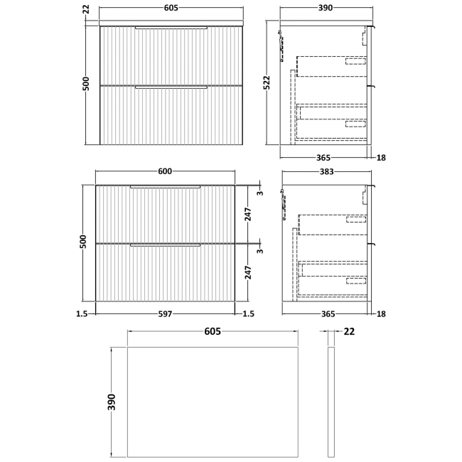 Delphi Focus Satin Blue 600mm 2-Drawer Wall Hung Premium Fluted Countertop Vanity Unit  | Dimension Image