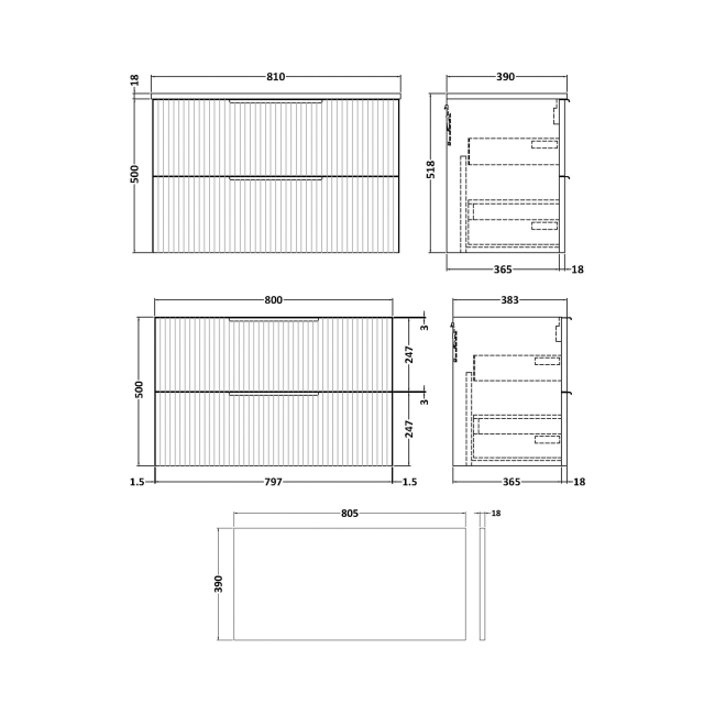 Delphi Focus Satin Blue 800mm 2-Drawer Wall Hung Fluted Countertop Vanity Unit  | Dimension Image