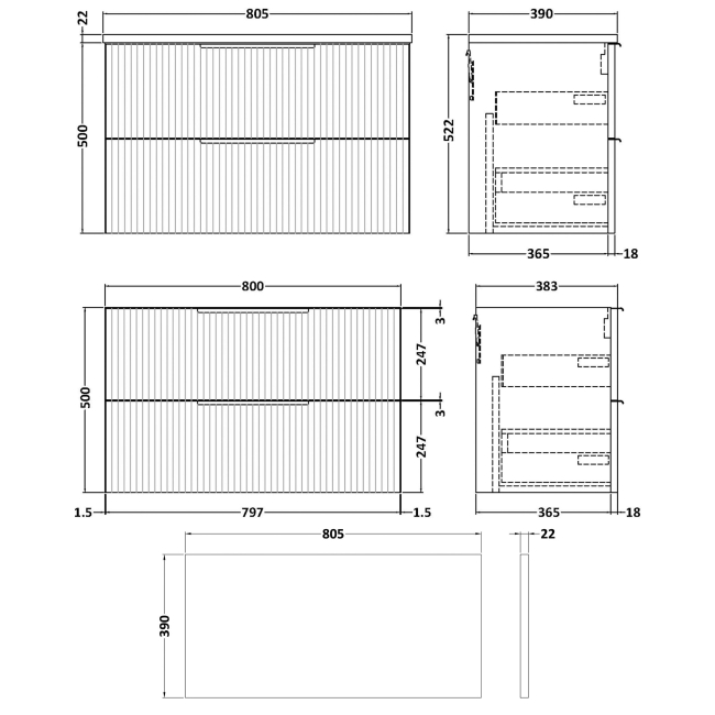 Delphi Focus Satin Blue 800mm 2-Drawer Wall Hung Premium Fluted Countertop Vanity Unit  | Dimension Image