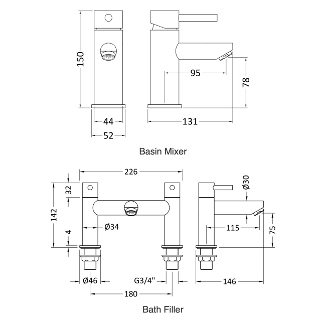 Delphi Fresh Chrome Basin Mixer and Bath Filler Tap Set (inc Press Top Waste)  | Dimension Image