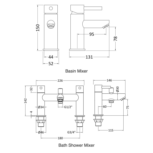 Delphi Fresh Chrome Basin Mixer and Bath Shower Mixer Tap Set (inc Shower Kit and Press Top Waste)  | Dimension Image