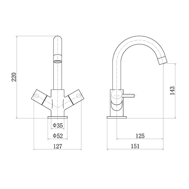 Nuie Series 2 Economy Mono Basin Mixer Tap with Push Button Waste Dual Handle - Chrome  | Dimension Image