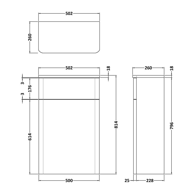 Delphi Glade Soft Black 500mm Back to Wall Toilet WC Unit  | Dimension Image