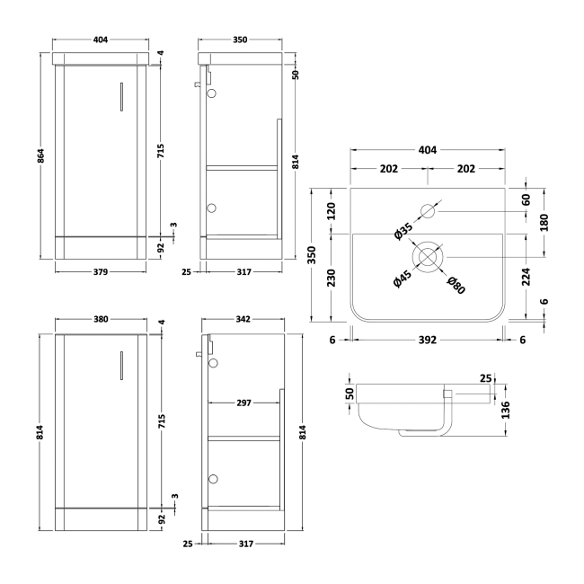 Delphi Glade Green 400mm 1-Door Floor Standing Cloakroom Vanity Unit (inc Basin)  | Dimension Image