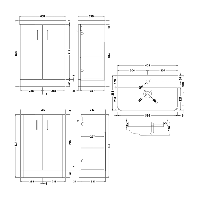 Delphi Glade Soft Black 600mm 2-Door Floor Standing Cloakroom Vanity Unit (inc Basin)  | Dimension Image