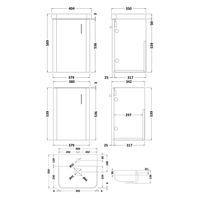 Delphi Glade Green 400mm 1-Door Wall Hung Cloakroom Vanity Unit (inc Basin)  | Dimension Image