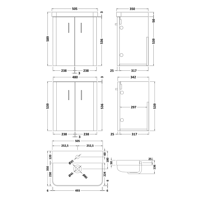 Delphi Glade Soft Black 500mm 2-Door Wall Hung Cloakroom Vanity Unit (inc Basin)  | Dimension Image