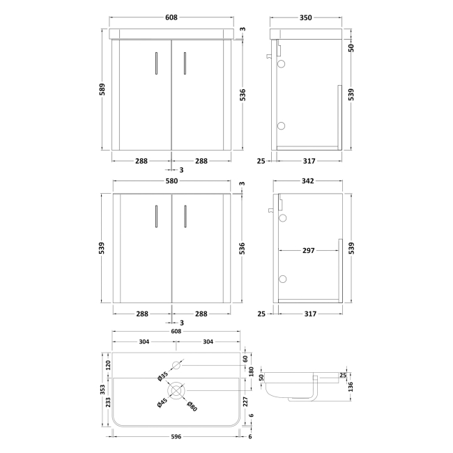 Delphi Glade Soft Black 600mm 2-Door Wall Hung Cloakroom Vanity Unit (inc Basin)  | Dimension Image