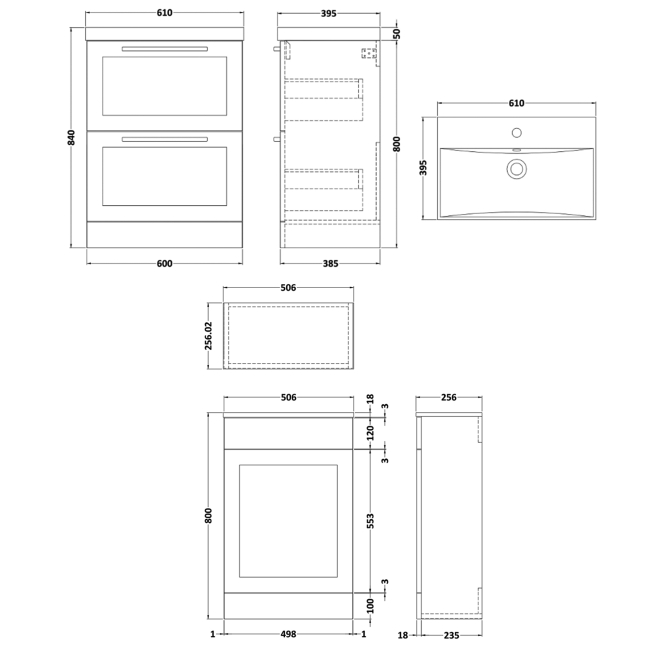 Delphi Grange Satin White 1100mm 2-Drawer Waterproof Bathroom Furniture Combination Unit  | Dimension Image